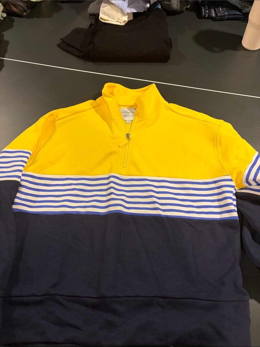 Addison Bay Brand women’s Yellow and Navy Half-Zip Striped Sweater